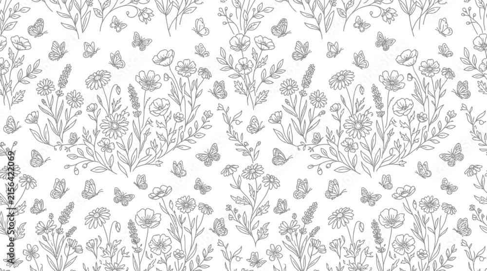 Fototapeta premium Hand-drawn floral pattern with butterflies