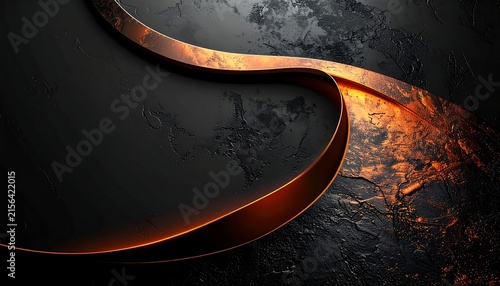 Abstract 3D render of curved copper metallic ribbon on textured black stone background for luxury branding