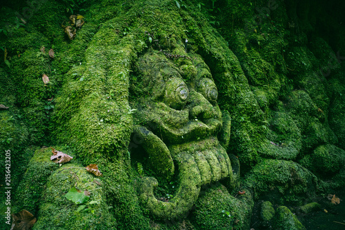 Ancient Goa Gajah stone carving of a demon face covered in vibrant green moss, symbolizing mystical legends and hidden history in Bali's tropical jungle