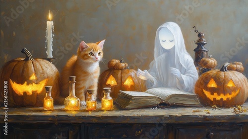 Whimsical Halloween scene featuring a ghostly figure, carved pumpkins, and friendly cat at candlelit table