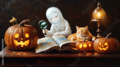 Enchanting Halloween Scene with Ghostly Figure, Pumpkins, and Cat in Dim Light