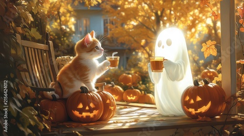Cozy Halloween Scene with Cat and Ghost Figure on Front Porch During Autumn