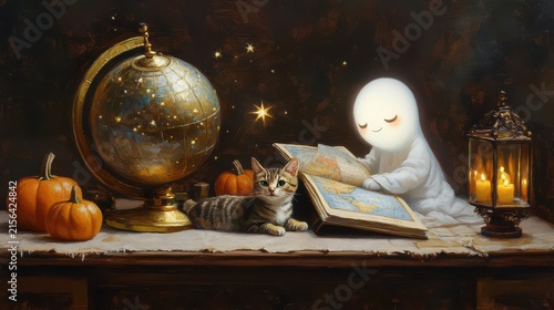 Whimsical Night Scene with Peaceful Ghost Reading Book and Cat Surrounded by Fall Decorations