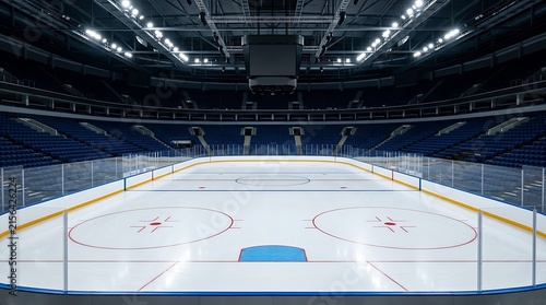 Empty ice hockey arena with bright stadium lighting