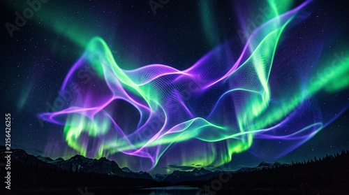 Canvastavla Aurora borealis shimmering with vibrant green and purple lights over a mountain