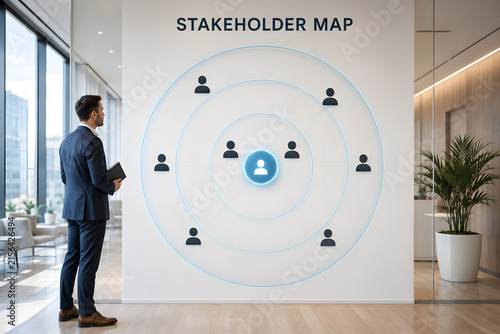 Businessman standing in a modern office observing a stakeholder map graphic, analyzing key corporate influencers and organizational alignment.