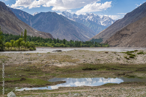 Scenic summer landscape view in Shigar river valley with Karakoram mountain range, Shigar, Gilgit Baltistan, Pakistan