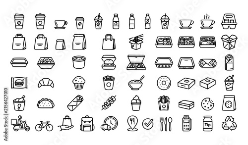 Takeaway Packaging and Food Delivery Line Icons Vector Illustration Set