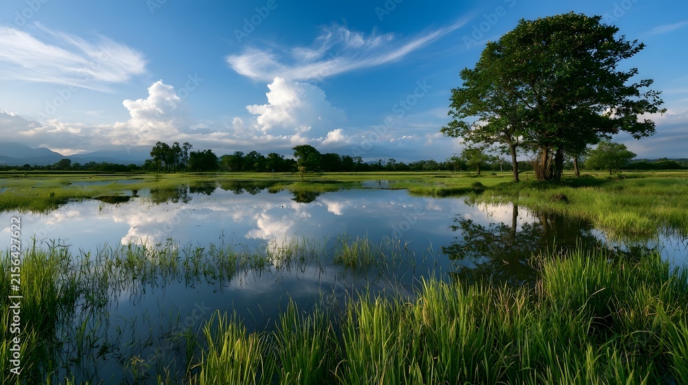 Obraz premium A serene flooded rice field reflects a bright blue sky and fluffy white clouds under clear atmospheric light