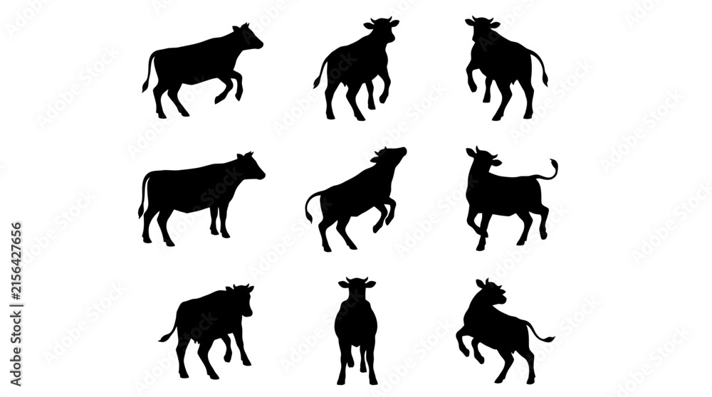 Obraz premium Dynamic cattle silhouettes, a versatile vector collection of nine black cow and bull figures, ideal for farm branding, agricultural designs, and livestock illustrations.