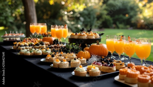 A lavish outdoor Halloween celebration spread with an array of festive treats, vibrant orange beverages, and charming seasonal decorations, perfect for an autumn gathering