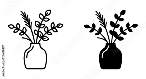 Minimalist Floral Vase Icons, Simple Botanical Illustration, Black and White Line Art, Vector Art