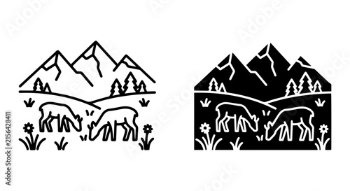 Minimalist Mountain Landscape with Deer, Vector Icons for Nature and Wildlife Themes