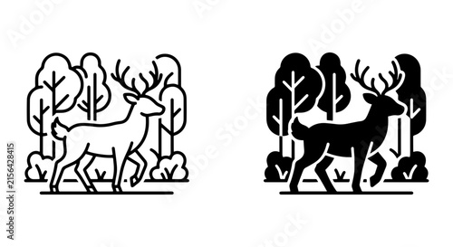 Deer in Forest Vector Icons, Outline and Silhouette, Nature Wildlife Graphics