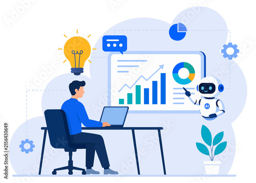 AI business analytics illustration with human and robot analyzing charts, data and growth strategy. Modern blue, representing artificial intelligence, technology, innovation and business development.