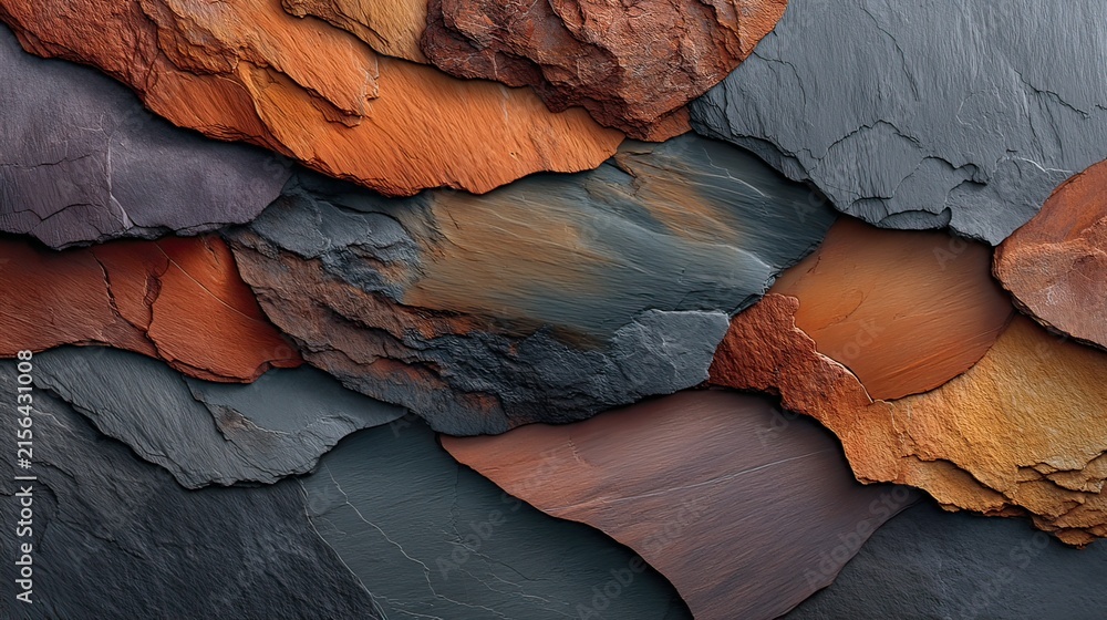 Abstract composition of layered stones with rich textures and colors showcasing natural beauty and artistic design elements