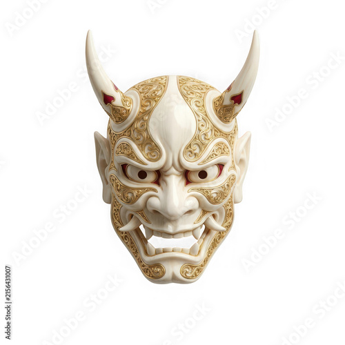 Traditional japanese hannya mask made of carved ivory with gold filigree isolated on transparent background