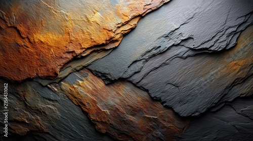 Detailed Close-Up of Colorful Cracked Slate Stone Surface with Unique Textures and Patterns for Artistic Use