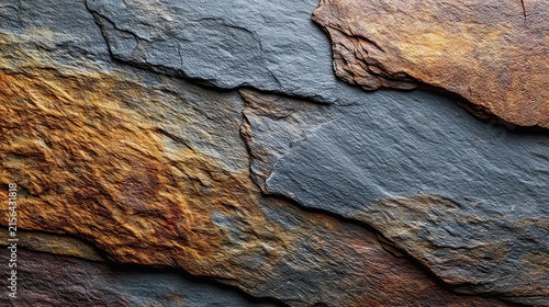 Beautiful textured slate stone background with varying colors of gray, brown, and rust showcasing natural mineral patterns