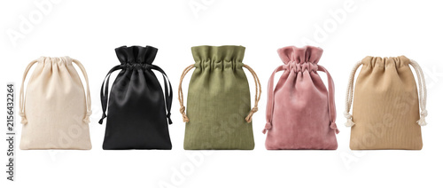 Fabric drawstring pouch bags set isolated on transparent background. Blank canvas packaging mockups cutout. art art art art art art art art high quality 3d realistic design element collection.