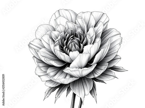 Intricate black and white peony floral illustration with subtle shading, drawing, white