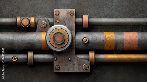 Industrial Pipe System with Metal Textures and Various Finishes on a Textured Background for Engineering Projects