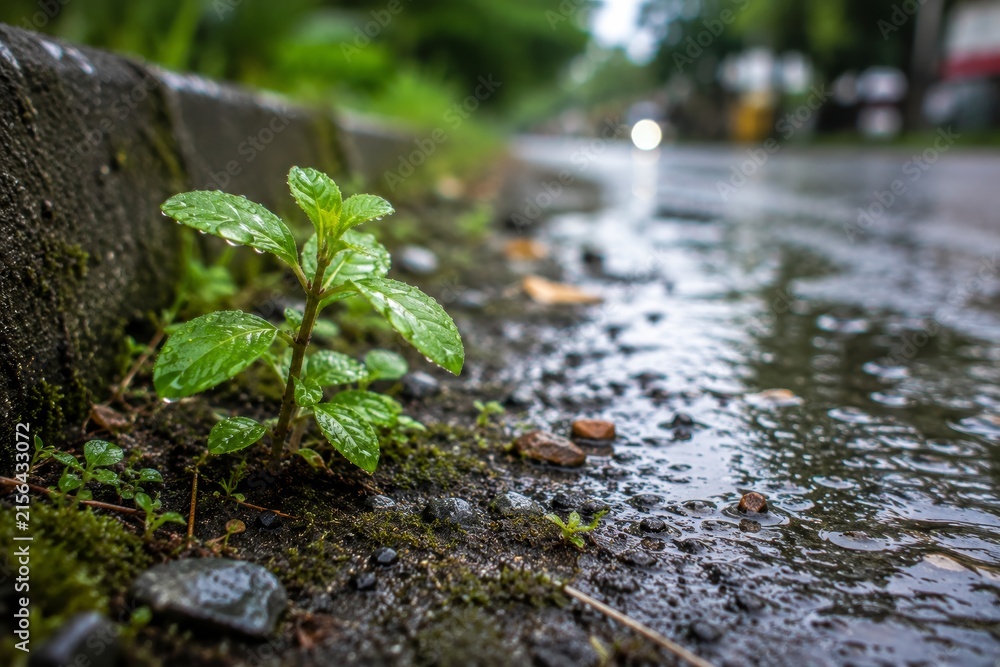 Fototapeta premium Green plant growing on a wet asphalt road side after rain with bokeh city background