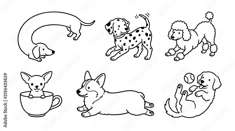 Obraz premium Collection of six adorable hand drawn dog breeds displaying playful poses and charming expressions for creative design projects with illustrations clean black