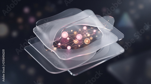 Abstract 3D AI Neural Network Concept with Layered Glass Panels and Glowing Data Nodes for High Tech Visualization