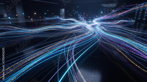 Abstract Data Flow in Futuristic Server Room with Blue and Purple Fiber Optic Light Trails Concept