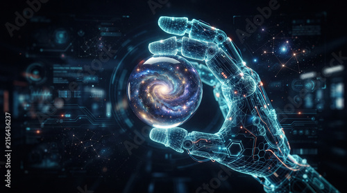 Artificial Intelligence Robotic Hand Holding Galaxy Sphere in Futuristic Digital Interface Environment