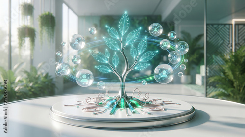 Futuristic Digital Growth Tree and Professional Networking Bubbles in a Modern Sustainable Office Space