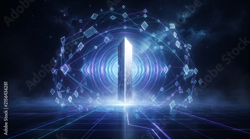 Abstract Futuristic Monolith and Blockchain Data Network Representing AI Connectivity in Deep Space Concept