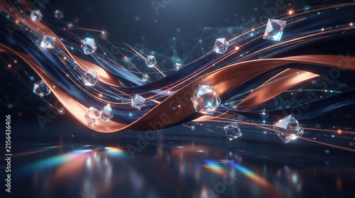 Abstract Futuristic Technology Background with Floating Crystalline Geometrics and Copper Data Flow Ribbons