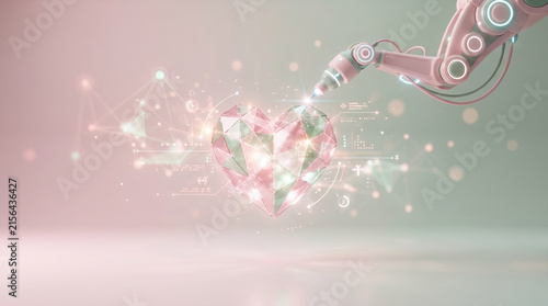Futuristic Robotic Arm with Glowing Low Poly Crystalline Heart Representing AI Emotional Intelligence and Medical Tech