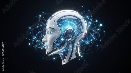 Futuristic Cybernetic Android Head with Glowing Digital Neural Networks and Artificial Intelligence Concept