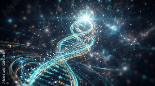 Abstract Futuristic DNA Helix Visualization with Digital Data Particles and Scientific Network Connections
