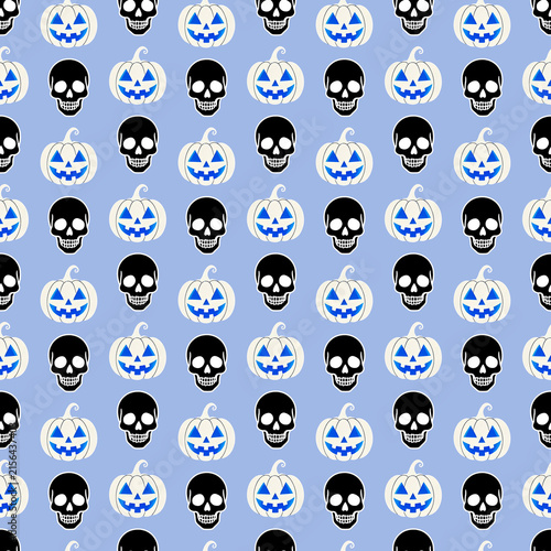 Blue Skull and Pumpkin Halloween Pattern Repeat