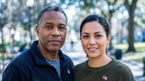Portrait of a diverse couple wearing American flag pins in a park setting