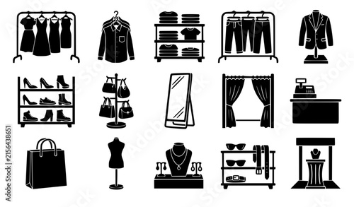 Foto Black and white vector silhouette icons set of clothing store retail items inclu
