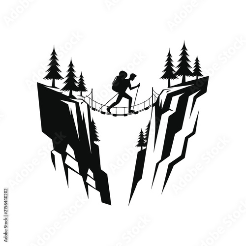 Hiker crossing a rope bridge between mountain cliffs, vector adventure logo design.
