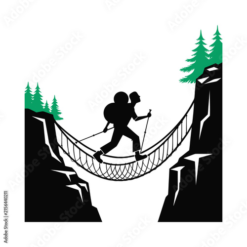Hiker crossing a rope bridge in the mountains, vector illustration of outdoor adventure.