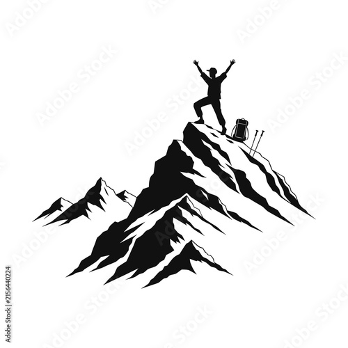 Hiker standing on mountain peak with arms raised, success and achievement concept icon.