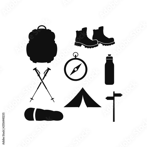 Hiking and camping gear silhouette icons set for outdoor adventure and travel design.