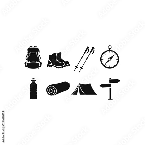 Set of camping and hiking equipment icons for outdoor adventure and travel design.
