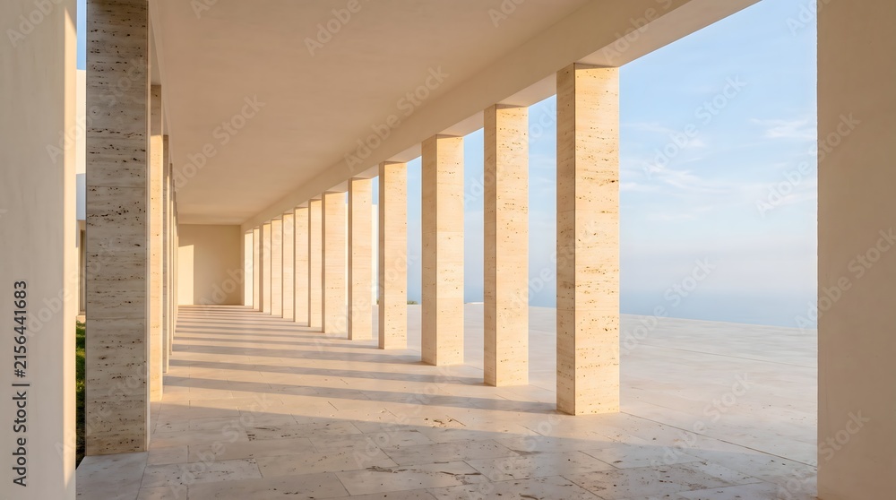 Naklejka premium Modern travertine colonnade with repeating columns and long afternoon shadows.