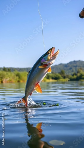 A trout leaps out of the lake's calm waters as a fishing rod's hook catches it mid-air, surrounded by lush vegetation, || lake, fish