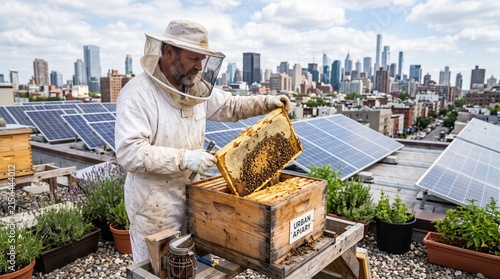 Beekeeper tending to beehive on urban rooftop with solar panels and city skyline background