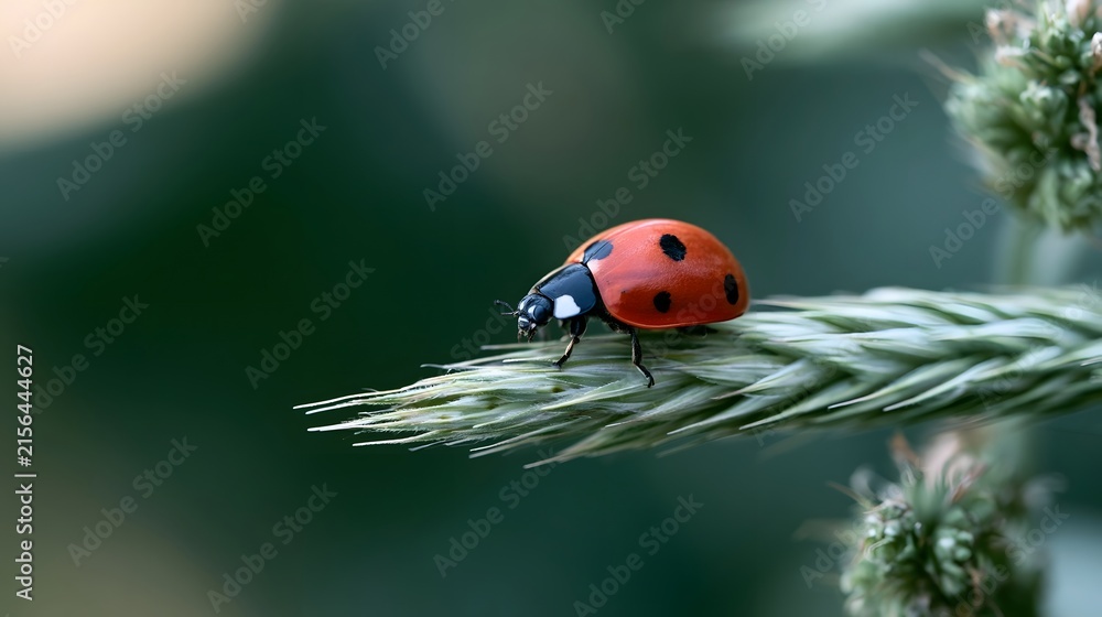 Obraz premium A red ladybug with black spots perches delicately on the sharp green tip of a grass stem against a softly blurred natural background