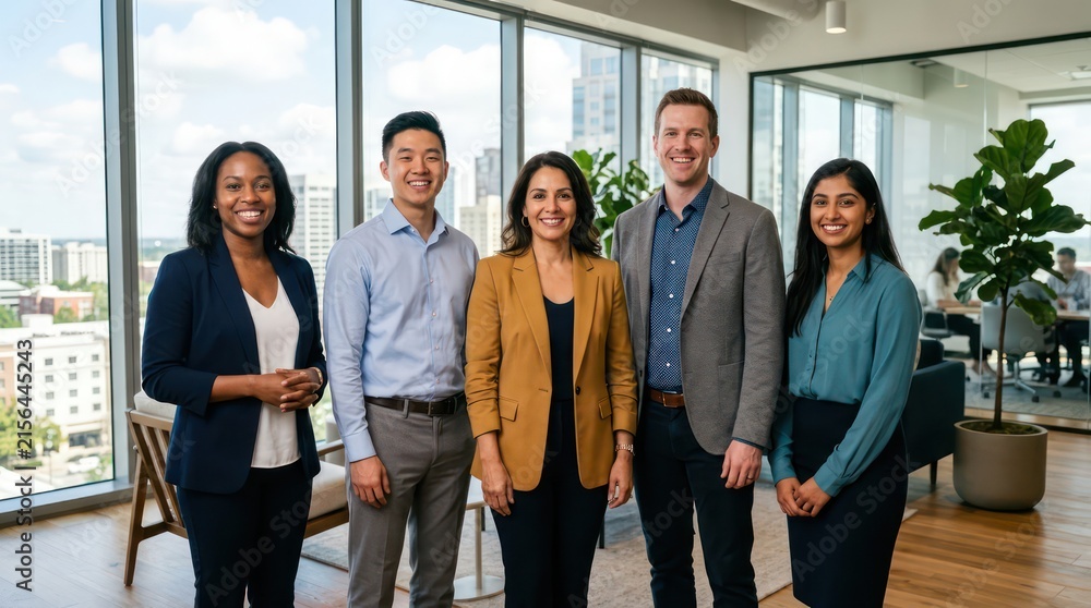 Fototapeta premium Diverse multiethnic business team smiling in modern high rise office